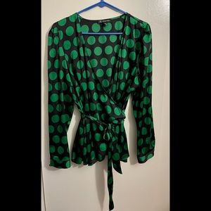 XL INC Black with Green Polkadots Silky Wrap Top